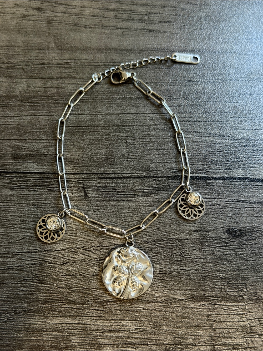 Stainless Steel Paper Clip Flower Charm Bracelet